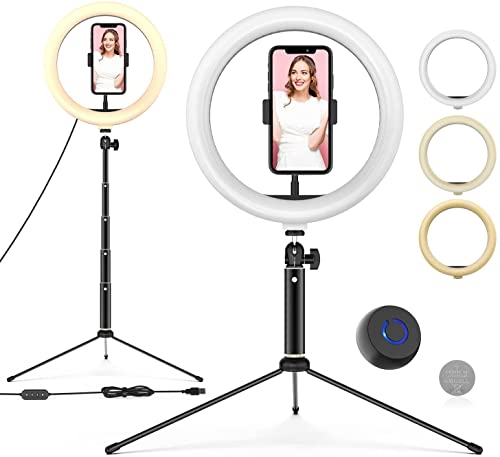 Ringlicht mit Stativ, 10'' LED Selfie Ringleuchte mit Fernbedienung, Handyhalter und 3 Farbe und 10...